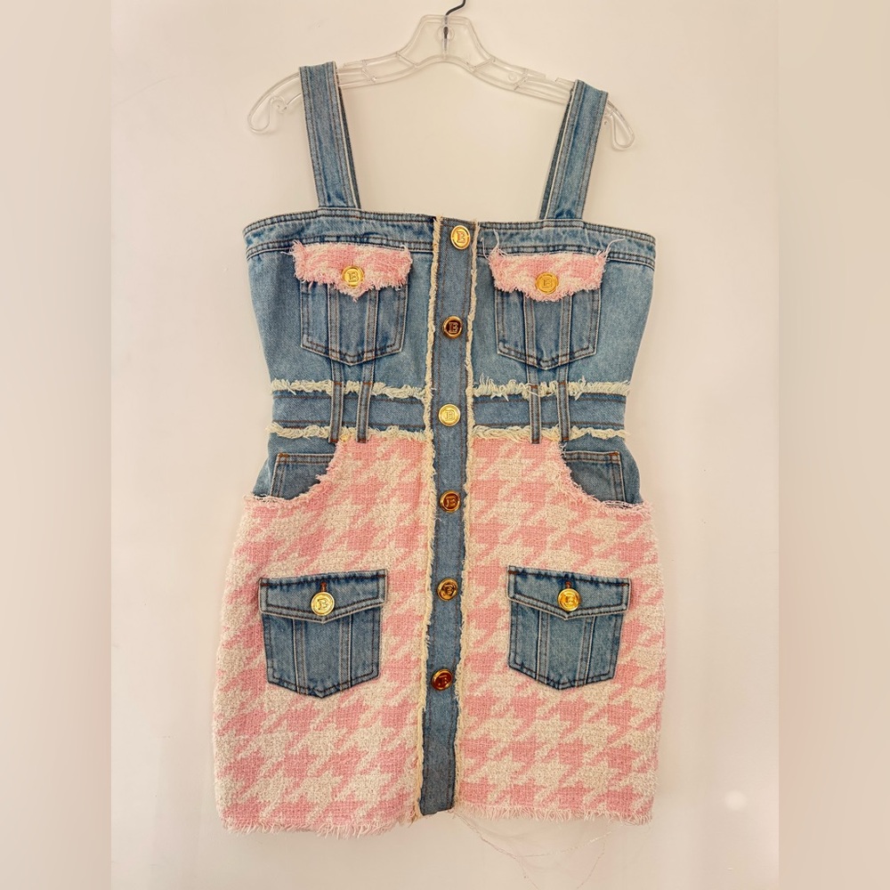 Balmain Paris Denim & Pink Tweed Houndstooth Mini Dress with Gold Buttons - Picture 13 of 13